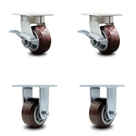 Service Caster 4 Inch Kingpinless Poly on Polyolefin Wheel Caster Brakes 2 Rigid SCC, 2PK SCC-KP30S420-PPUR-SLB-2-R-2